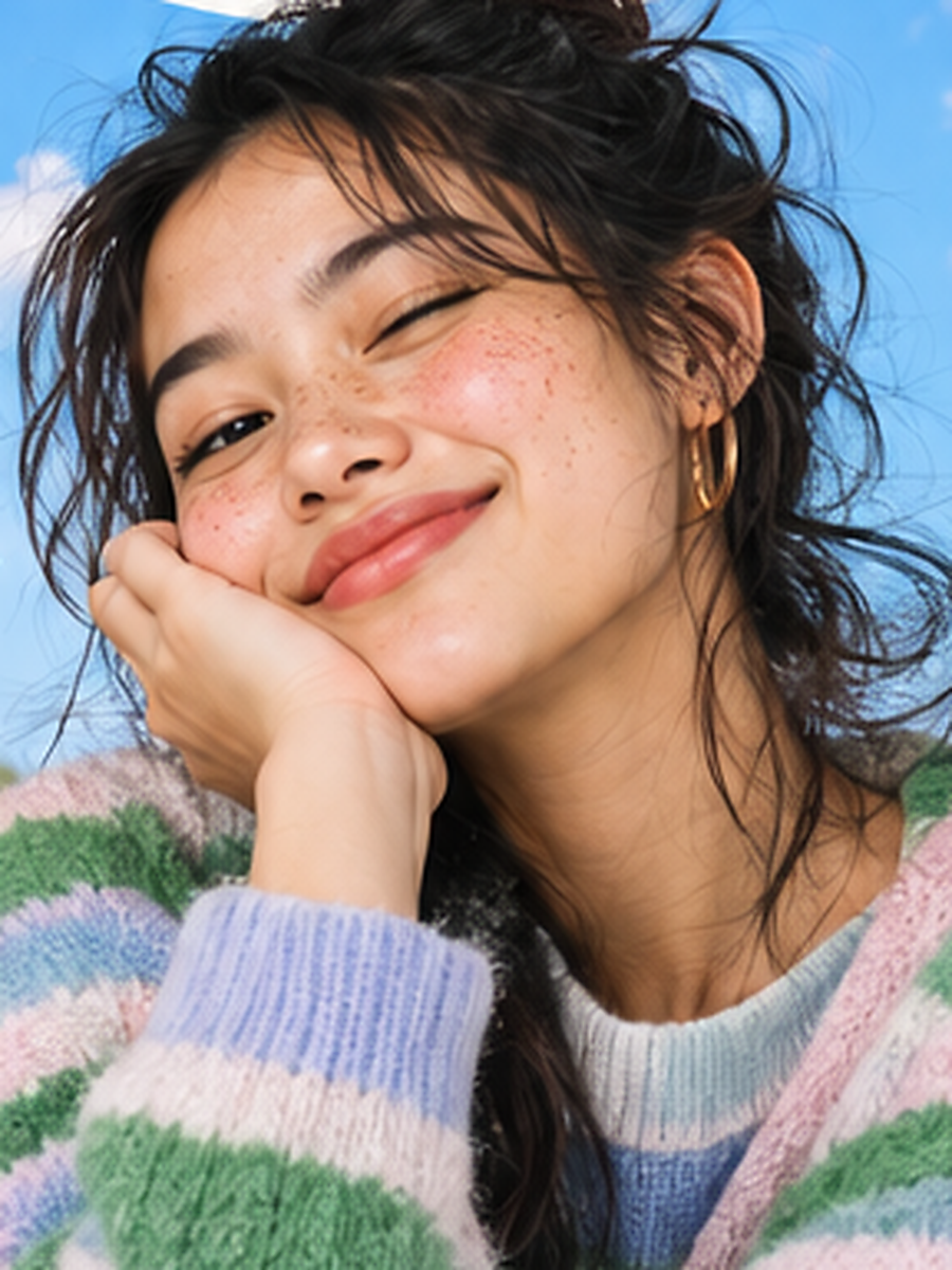 AI-generated editorial portrait of a smiling young adult in a pastel-striped sweater against a blue sky